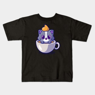 Cute Cat In Coffee Cup Cartoon Vector Icon Illustration Kids T-Shirt